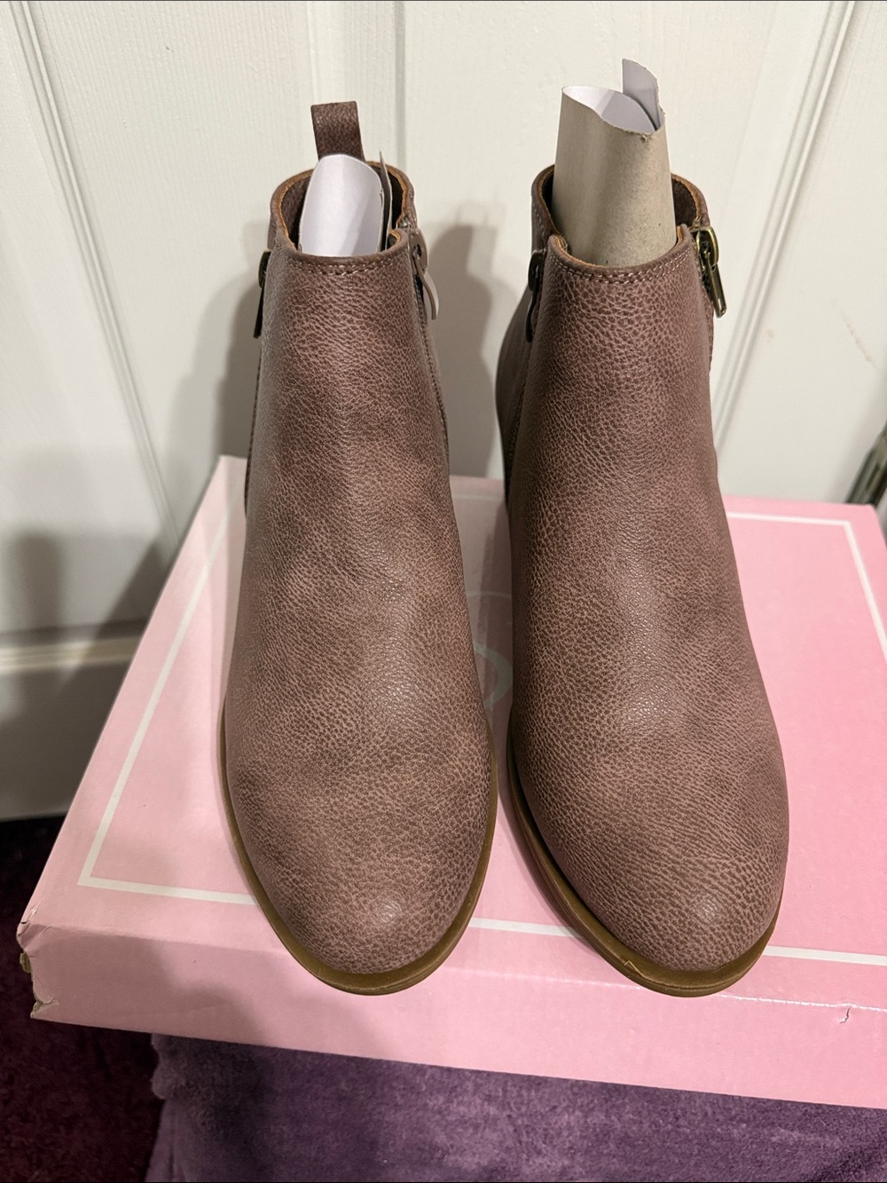 Women's Taupe Low Heel Ankle Booties with Side Zip